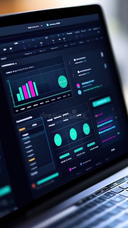 Laptop med mörk analysdashboard och färgglada stapel- och cirkeldiagram
